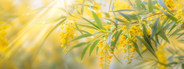 Beautiful blurred spring background image with branches of flowering myiosa in nature in the rays of sunlight outdoors. - obrazy, fototapety, plakaty