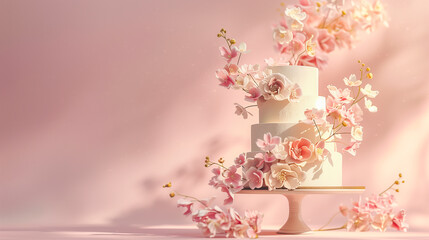 An impressive, tall cake decorated with delicate flowers on a light, pastel background. The cake stands out for its impressive height and elegant appearance. Flowers artfully arranged on the cake add 