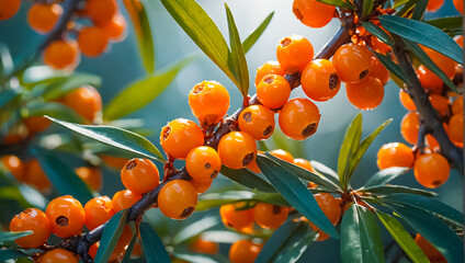 branch of ripe sea buckthorn in nature