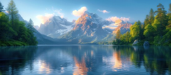 Landscape of mountains and lake at sunrise