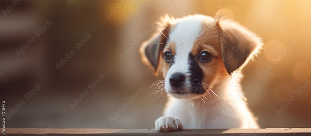 Canvas Prints A fawncolored puppy with white markings, belonging to the Sporting Group breed of dogs, is peering over a fence. Its whiskers twitch as it sniffs the air, looking bored