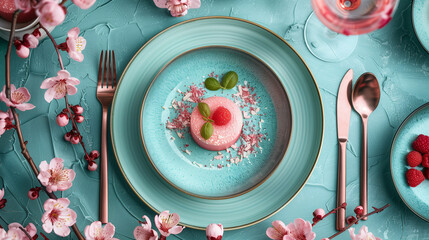 aesthetically plated dishes and a kitchen setting that incorporates the elegant color scheme