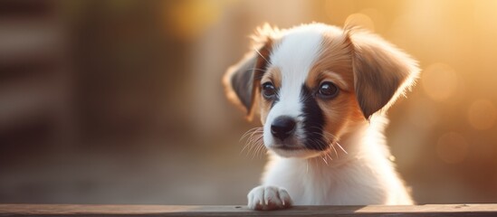 A fawncolored puppy with white markings, belonging to the Sporting Group breed of dogs, is peering...