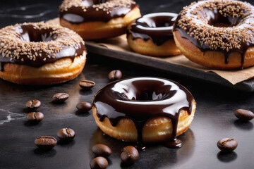 Frosted chocolate glazed donuts on a dark brown marble table.