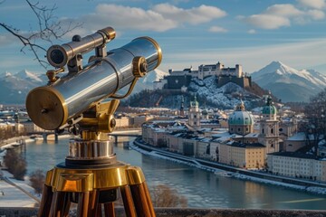Ausblick auf Festung Hohensalzburg mit Fernrohr - Attraktive Aussicht auf Salzburg Sightseeing- und Tourismusreisen in Europa - obrazy, fototapety, plakaty