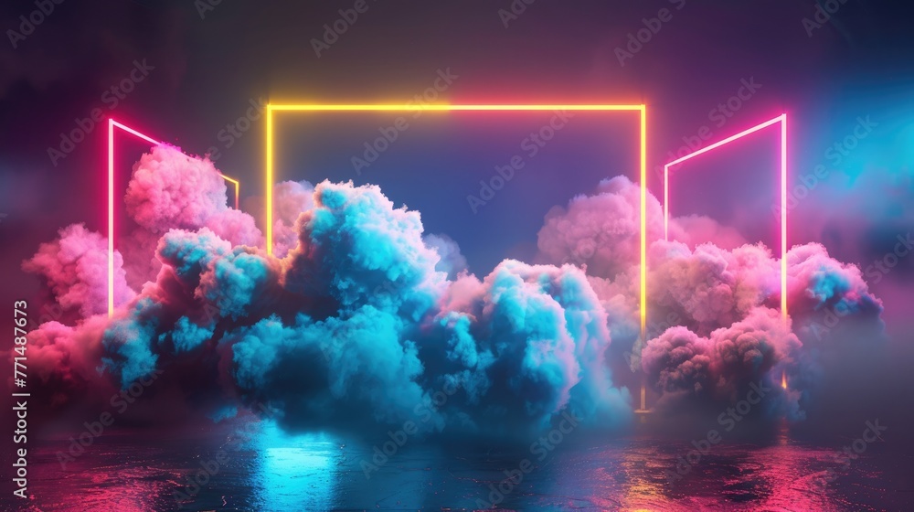 Poster neon light square abstract background with glowing cumulus clouds in ultraviolet hues. 3d render wit