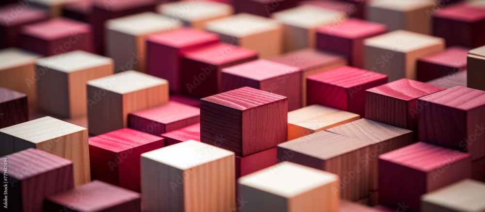 Poster a stack of rectangular wooden cubes in various colors, showcasing a beautiful pattern. made of hardw