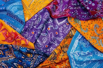 Multi-Colored Bandanas Background, Perfect for Fashion Designs with Hues of Red, Orange, Yellow, Blue, and Purple
