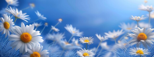 Beautiful chamomile flowers on a bright colorful blue background. Floral summer spring background for design.