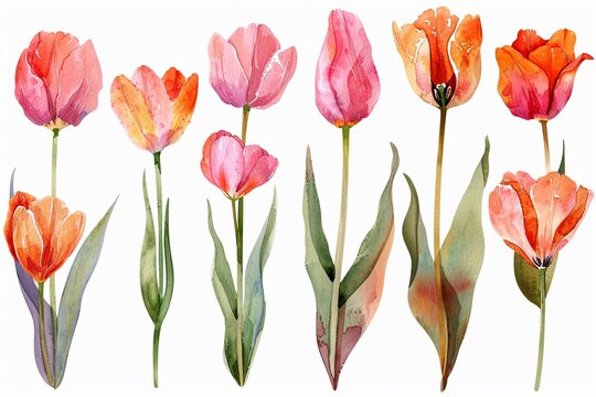 Watercolor tulip clipart in different shades of pink red and orange