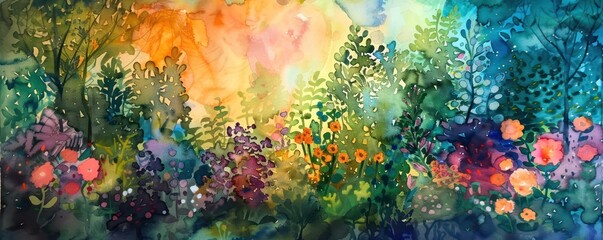 Obraz na płótnie Canvas Whimsical watercolor garden scene playful colors and textures