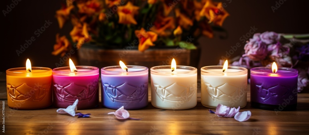 Poster a row of magenta candles made from wax are displayed on a wooden table, adding a pop of color to the