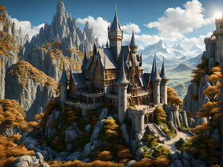 A beautiful fairy tale castle in a fantasy world on a rock. - obrazy, fototapety, plakaty