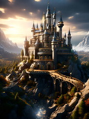 A beautiful fairy tale castle in a fantasy world on a rock.