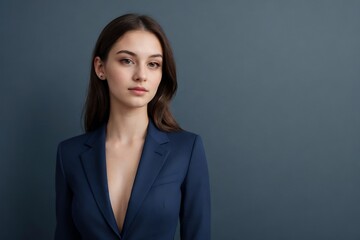Gorgeous young woman in a dark blue suit confidently posing on a blue background with copy space.