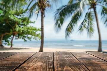 wooden table close up for product presentation with palms and beach in the background