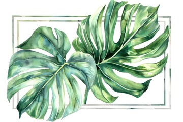 Watercolor illustration of a lush green Monstera leaf
