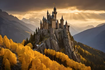 Poster Dark giant black castle in a fantasy world. Scary castle. © Maniockus