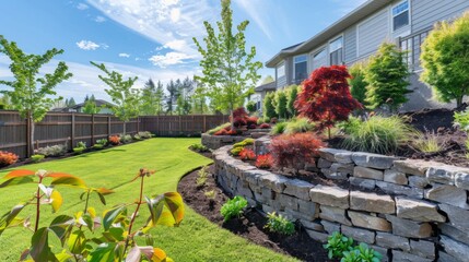 Stone Retaining Wall and Landscaping in Backyard