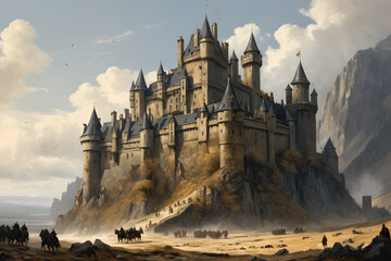 Dark giant black castle in a fantasy world. Scary castle. - obrazy, fototapety, plakaty