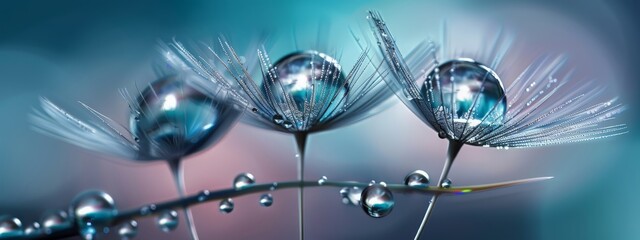 Beautiful dew drops on a dandelion seed macro. Beautiful soft light blue and violet background. Water drops on a parachutes dandelion on a beautiful blue. Soft dreamy tender artistic image form.