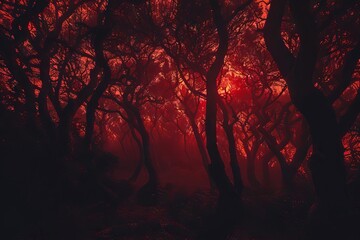 Eerie red silhouettes of twisted trees in a dark forest, evoking a sense of horror or ecological disaster
