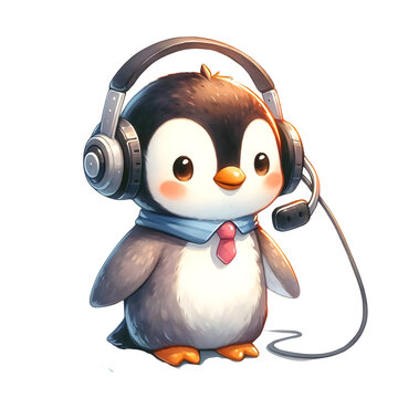 Cute Watercolor Animal Character Is Wearing A Headphone As A Call Center, Customer Service Or Is Communicating At Work Clipart Of Penguin