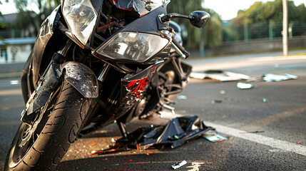  A sportbike, motorbike with a severely damaged front and end
