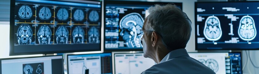 A neurologist examining brain scan images on multiple monitors deeply focused on diagnosing a neurological disorder - obrazy, fototapety, plakaty