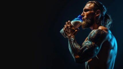 Man drinking milk with tattoos displayed - A tattooed man engages in a refreshingly healthy activity by drinking milk, juxtaposed against his edgy appearance