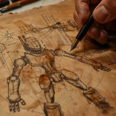 An artist sketches a detailed blueprint of a mech using a fountain pen on parchment