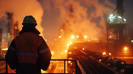 Back view of a worker gazing at the warm glow of a busy industrial facility with vaporous emissions at evening time.