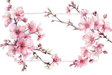 Fototapeta na wymiar Spring cherry blossoms and branches forming a delicate rectangle frame in watercolor clipart style