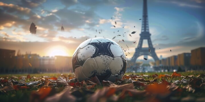 A close-up of a soccer ball on the grass in front of the Eiffel Tower. There is a black-and-white football ball in the park.