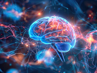 Human Brain on neuronal synapse activity background. 