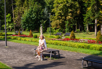 Woman and dog - Cavalier King Charles Spaniel - relaxing in a public park with lush flowers,...