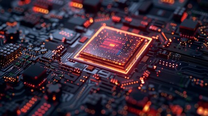 Fototapeta premium Red glowing processor chip on a circuit board - An up-close image of a red glowing, illuminated processor chip central to a detailed motherboard depicting advanced technology