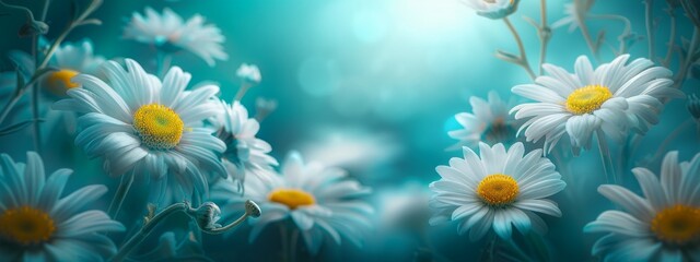 Fototapeta na wymiar Beautiful floral natural blue turquoise background with a frame of white daisies using a soft blur filter.