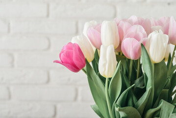 Bouquet of pink and white tulips in vase - 771491463