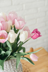 Bouquet of pink and white tulips in vase - 771491475