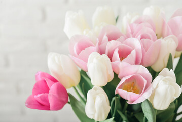 Bouquet of pink and white tulips in vase - 771491489
