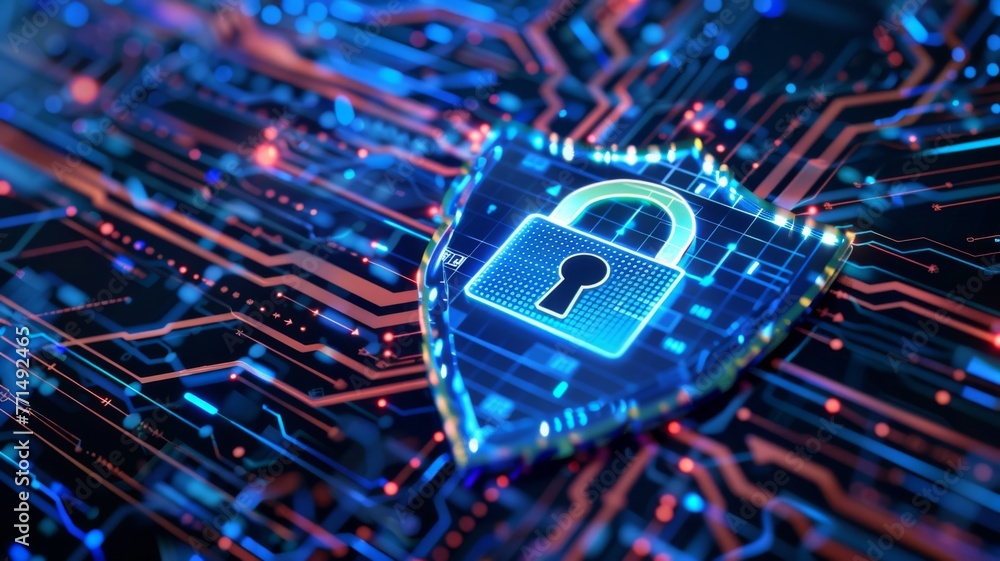 Poster vibrant shield on a digital circuit board - brightly lit digital shield icon emphasizing secure netw