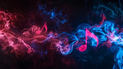 Vibrant smoke trails forming musical notes - Colorful smoke intertwining into the shape of musical notes against a dark background reflecting concepts of art and creativity - obrazy, fototapety, plakaty