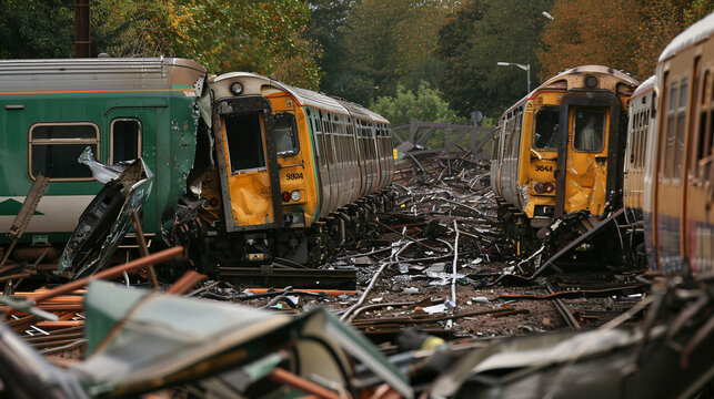 massive trains collided and derailed, with different parts of it shattered 