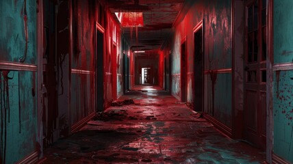 Fototapeta premium Abandoned hallway with peeling paint - An empty abandoned building hallway bathed in an eerie red glow