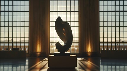 The silhouette of a sculpture against the museum's grand windows, art in dialogue with light. - obrazy, fototapety, plakaty