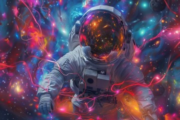 Vibrant abstract forms envelop an explorer of the cosmos, an astronaut adrift in dreamscape galaxies