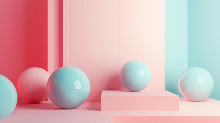 3D rendering of a pink and blue abstract background with spheres and podiums.