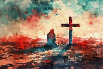 Man kneeling and praying in front of cross, digital watercolor painting, religious concept illustration