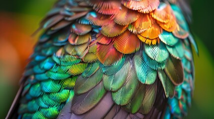 A closeup of a bird's feathers. The feathers are a variety of colors, including green, blue, and yellow. - obrazy, fototapety, plakaty